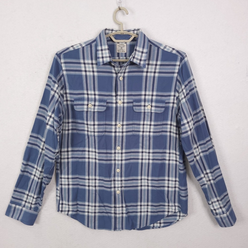 J.Crew Flannel Shirt Mens Medium Blue White Plaid Cotton Button Down RN77388